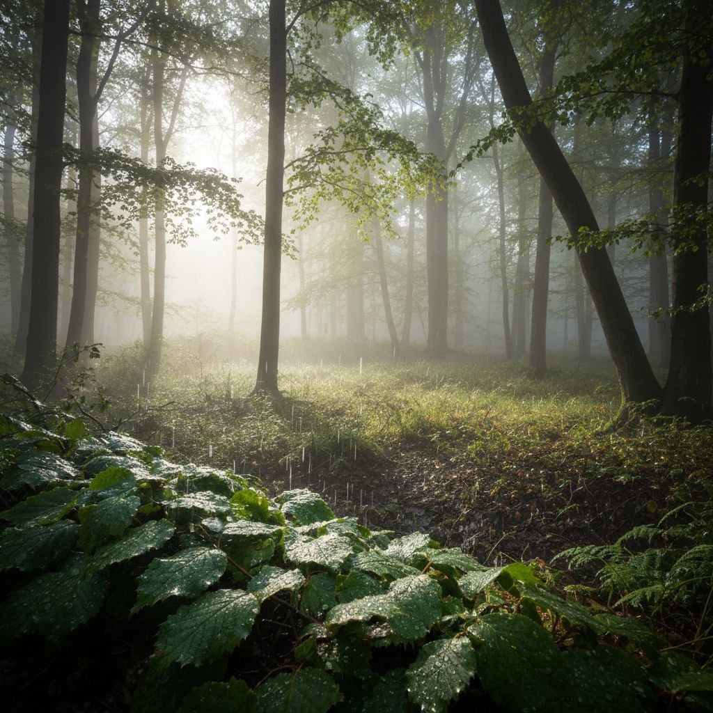 Bosque pacífico con lluvia en las hojas